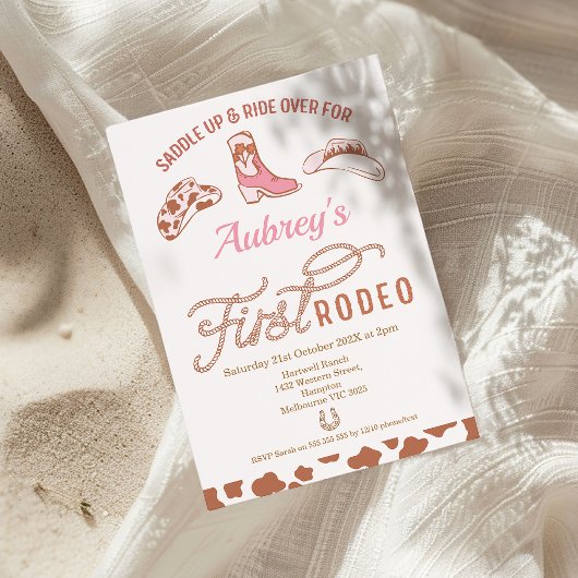 カウガール ピンク ブーツ ファースト ロデオ 1歳 誕生日 招待状