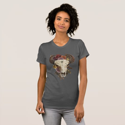 カウガール フラワー柄 バイソン 動物 有角 ドクロ Tシャツ (正面フル)