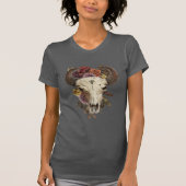 カウガール フラワー柄 バイソン 動物 有角 ドクロ Tシャツ (正面)