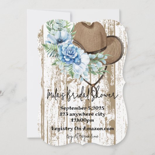 カウガール ブルー フラワール ブライズシャワー 招待状 (正面)