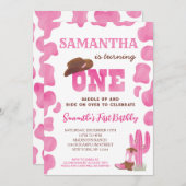 カウガール ロデオ ハットピンク 1歳 誕生日 招待状 (正面/裏面)