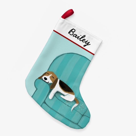 カウチおもしろい犬好きのかわいい漫画のビーグル スモールクリスマスストッキング (正面 (吊り時))
