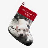 カウチパーレッド大C上にパパ付きかわいい白い子犬 ラージクリスマスストッキング (正面 (吊り時))