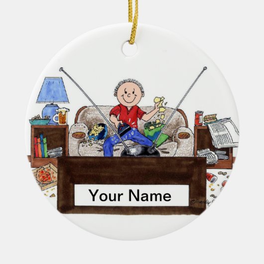 カウチポテト – 男性 セラミックオーナメント (正面)