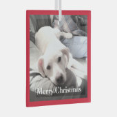 カウチレッドにパパを付けたかわいい白い子犬 ガラスオーナメント (正面右)