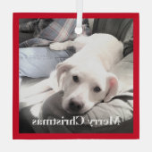 カウチレッドにパパを付けたかわいい白い子犬 ガラスオーナメント (裏面)