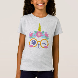 カウトかわいいベアユニコーン顔ウィズフラワークラウン Tシャツ