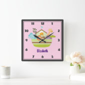 カウトアニマルアークオンピンク水玉模様子供部屋スタイル スクエア壁時計 (ホーム)