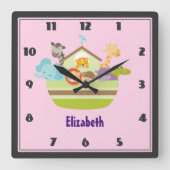 カウトアニマルアークオンピンク水玉模様子供部屋スタイル スクエア壁時計 (正面)