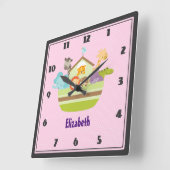 カウトアニマルアークオンピンク水玉模様子供部屋スタイル スクエア壁時計 (傾斜)