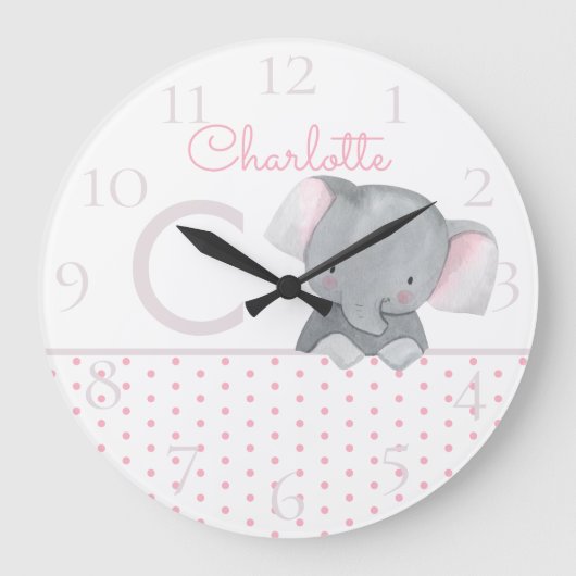 カウトウォーターカラーピンク水玉模様エレファガーリーント ラージ壁時計 (正面)
