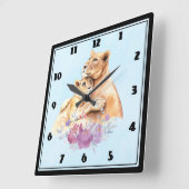 カウトウォーターカラーマザーライオン&カブ スクエア壁時計 (傾斜)