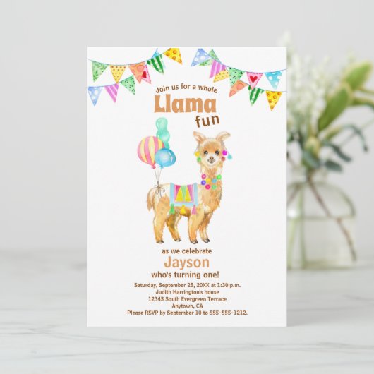 カウトウォーターカラーラマおもしろい第1誕生日招待状 招待状 (スタンド正面)