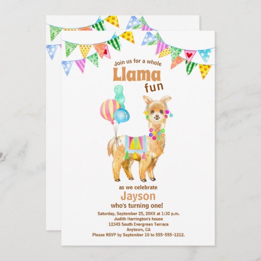 カウトウォーターカラーラマおもしろい第1誕生日招待状 招待状 (正面/裏面)