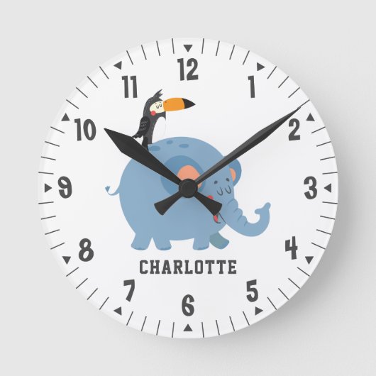 カウトエレファント&バードガールズルームデコカスタムール  ラウンド壁時計 (正面)