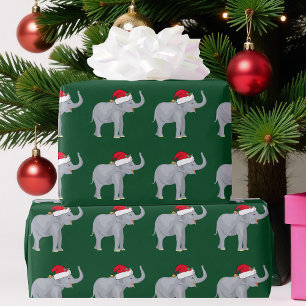 カウトクリスマスエレファントインサンタハットグリーンホリデイ ラッピングペーパー