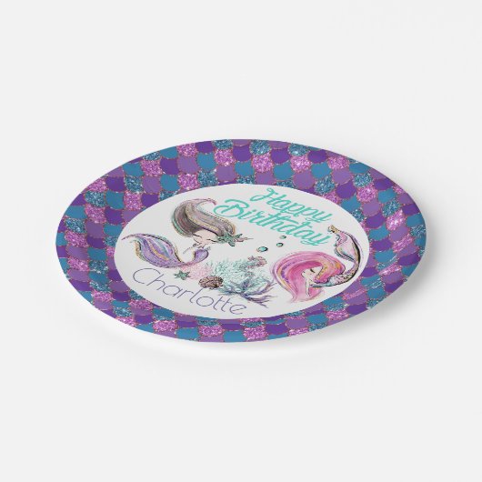 カウトグリッター人魚と名前をカスタムする ペーパープレート (アングル)
