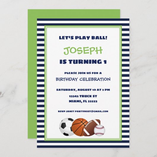 カウトグリーンアンドブルースポーツストライプの誕生日 招待状 (正面/裏面)