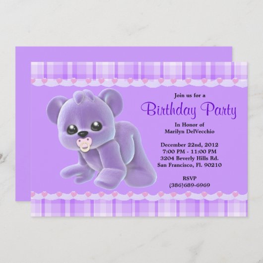 カウトスイートプラッシュパープルテディベア誕生日 招待状 (正面/裏面)