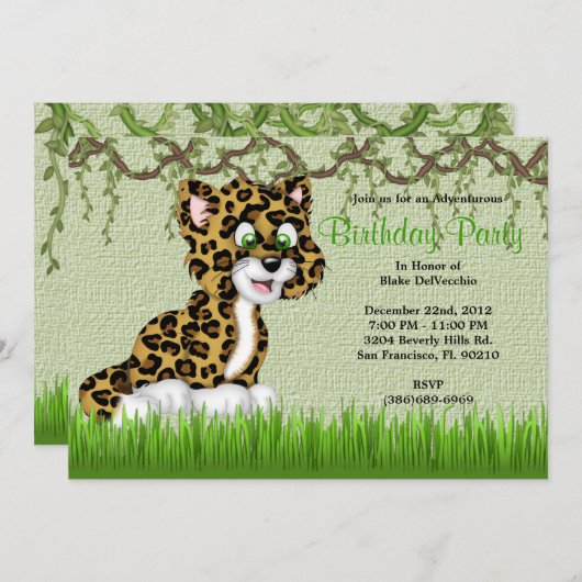 カウトスイートベビーチーターつる植物ジャングル誕生日 招待状 (正面/裏面)