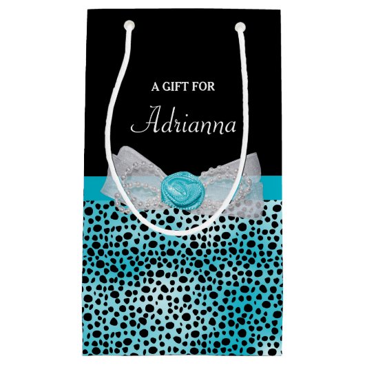 カウトターコイズチータプリントフリリーボウアンドネーム スモールペーパーバッグ (正面)