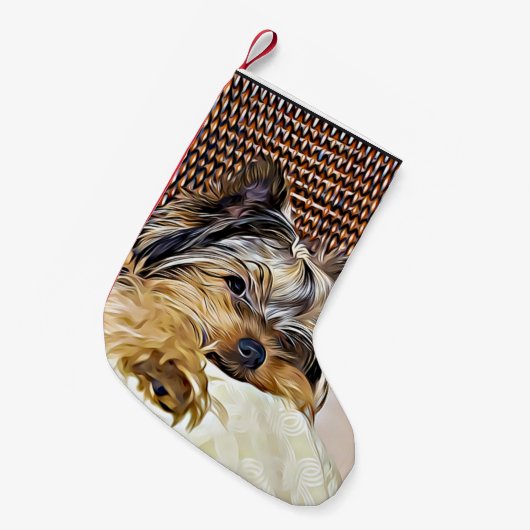 カウトティーカップヨークシャーテリアヨークシャーテリアデジタルアート スモールクリスマスストッキング (正面 (吊り時))