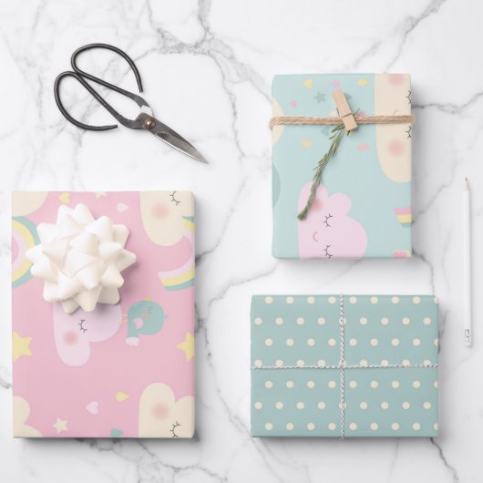 カウトパステルかわいいズクラウドレインボーパターン ラッピングペーパーシート (正面)