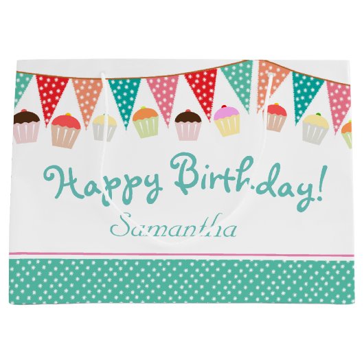 カウトパーティーバンティング&ケーキパーソナライズされたス誕生日 ラージペーパーバッグ (正面)