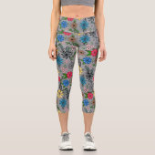 カウトピガーリーンクブルー&イエローフローラグレーデザイン カプリレギンス (正面)