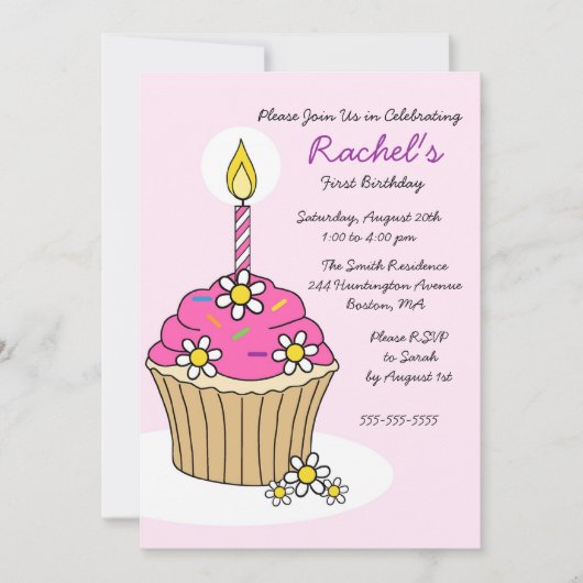 カウトピンクガールカップケーキ誕生日招待状 招待状 (正面)