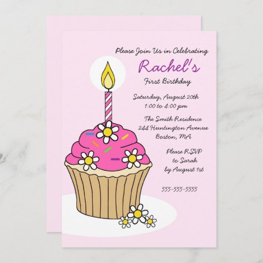カウトピンクガールカップケーキ誕生日招待状 招待状 (正面/裏面)