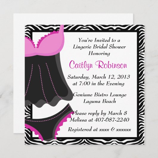 カウトピンクゼブラリンジェリーブライダルシャワー招待 招待状 (正面/裏面)
