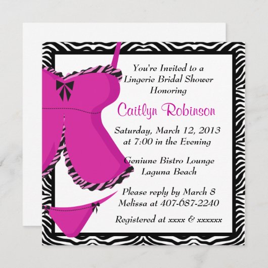 カウトピンクゼブラリンジェリーブライダルシャワー招待 招待状 (正面/裏面)
