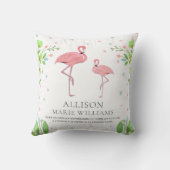 カウトピンクフラミンゴベビーガール誕生統計 クッション (裏面)