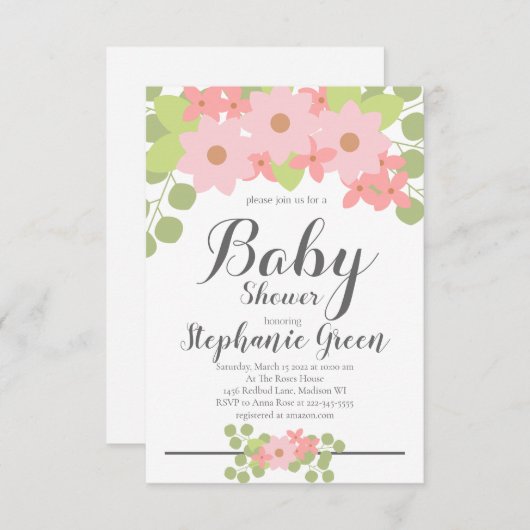 カウトピンクフローラベビーシャワー招待状 招待状 (正面/裏面)
