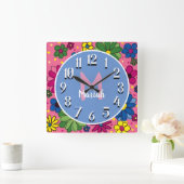 カウトピンクブルーグリーンイエローフローラM. スクエア壁時計 (ホーム)