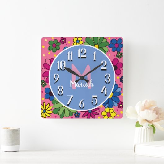 カウトピンクブルーグリーンイエローフローラM. スクエア壁時計 (ホーム)