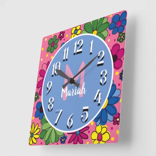 カウトピンクブルーグリーンイエローフローラM. スクエア壁時計 (傾斜)