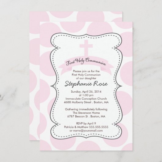 カウトピンク水玉模様クロスコミュニオン招待状 招待状 (正面/裏面)