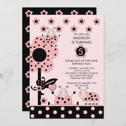 カウトピンク&ブラックラディバグズ誕生日招待状 招待状 (正面/裏面)