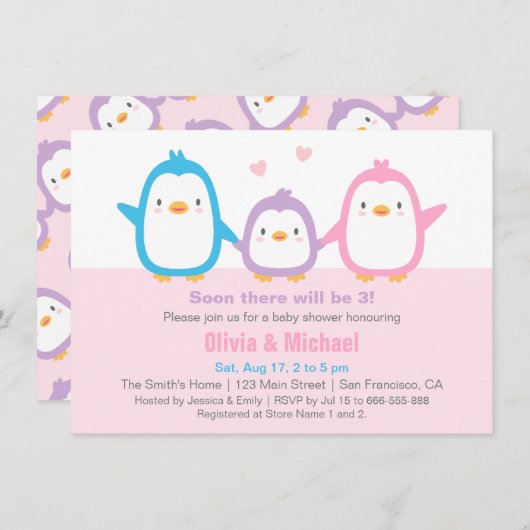カウトファミリーペンギンベビーシャワー招待状 招待状 (正面/裏面)