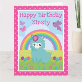 カウトフローラ春ティール（緑がかった色）ラマ&レインボー誕生日 カード