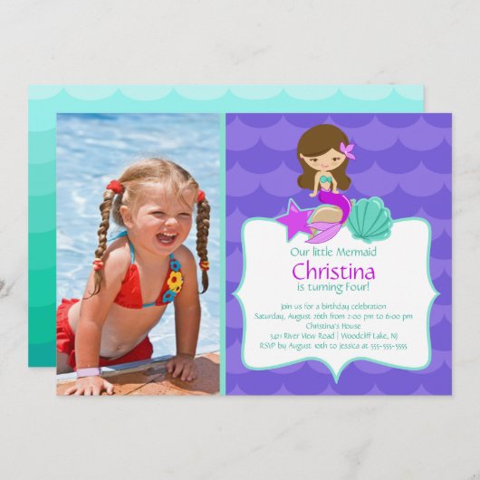 カウトブルネットマーメイドフォト誕生日招待状 招待状 (正面/裏面)