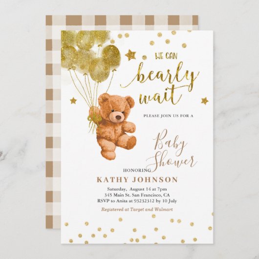 カウトベア&金ゴールドバルーンベビーシャワー招待状 招待状 (正面/裏面)