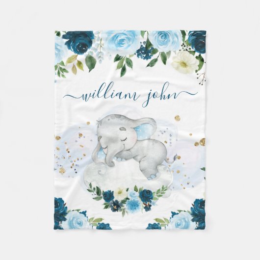 カウトベビーエレファント男の赤ちゃんネービー&クリーム  フリースブランケット (正面)
