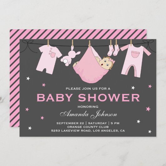 カウトベビーガールクロスラインベビーシャワー招待状 招待状 (正面/裏面)