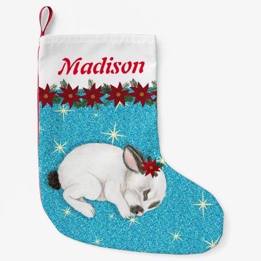 カウトベビーバニーポインセティアスグリッター名前をカスタムする スモールクリスマスストッキング (正面)