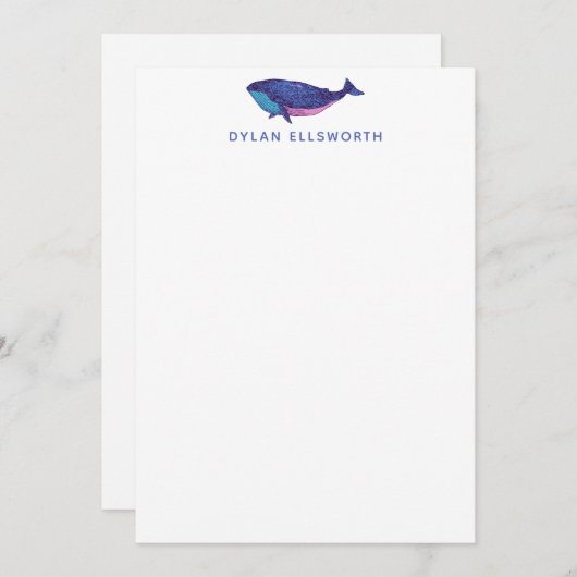 カウトホエールアートスケッチイン海ブルーパーソナライズされた ノートカード (正面/裏面)