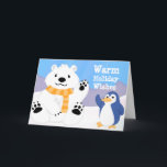カウトポーラーベアアンドペンギンホリデーカード シーズンカード<br><div class="desc">おカスタマイズ休みの挨拶！

 このかわいいホッキョクグマとペンギンのデュオは、完全にカスタマイズ可能なこのグリーティングカードで、休暇シーズンに対する温かい希望を提供します。提供された文字を使用するか、クリスマス、ハヌカー、または冬休み用のホリデーカードを作成する場合に変更します。クリスマス物では赤と緑が多く、目立つクリスマス・グリーティングカードが欲しいと思っていた。雪に覆われた丘の中腹からこのかわいいキャラクターが手を振り、友達や家族に喜びの知らせを届けます。</div>