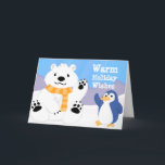 カウトポーラーベアアンドペンギンホリデーカード シーズンカード<br><div class="desc">おカスタマイズ休みの挨拶！

 このかわいいホッキョクグマとペンギンのデュオは、完全にカスタマイズ可能なこのグリーティングカードで、休暇シーズンに対する温かい希望を提供します。提供された文字を使用するか、クリスマス、ハヌカー、または冬休み用のホリデーカードを作成する場合に変更します。クリスマス物では赤と緑が多く、目立つクリスマス・グリーティングカードが欲しいと思っていた。雪に覆われた丘の中腹からこのかわいいキャラクターが手を振り、友達や家族に喜びの知らせを届けます。</div>